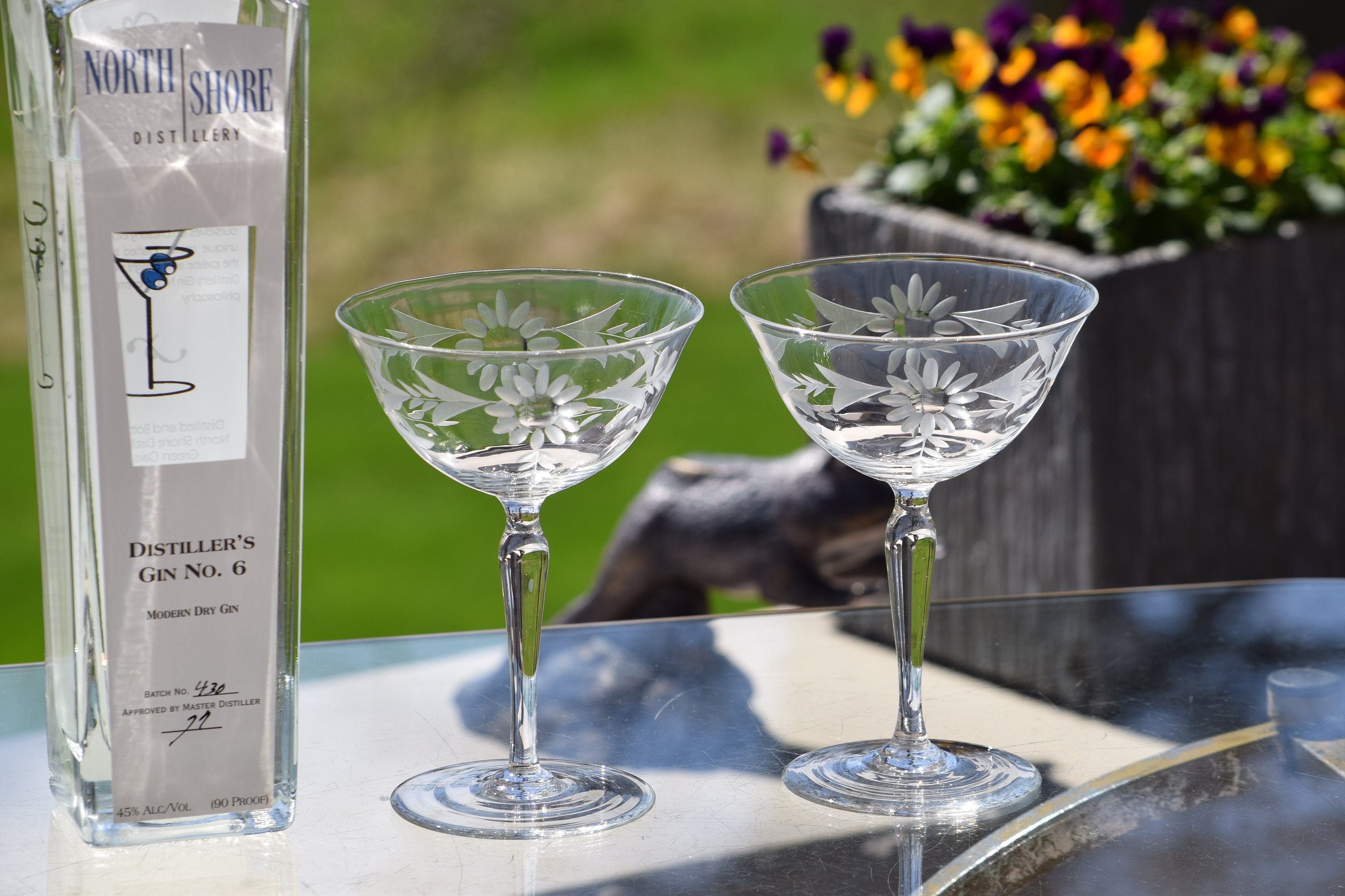 4 Vintage Etched Cocktail - Martini Glasses, 1950's, Nick & Nora Coupes,  Vintage Etched Champagne Glasses, Home Bartender Mixology