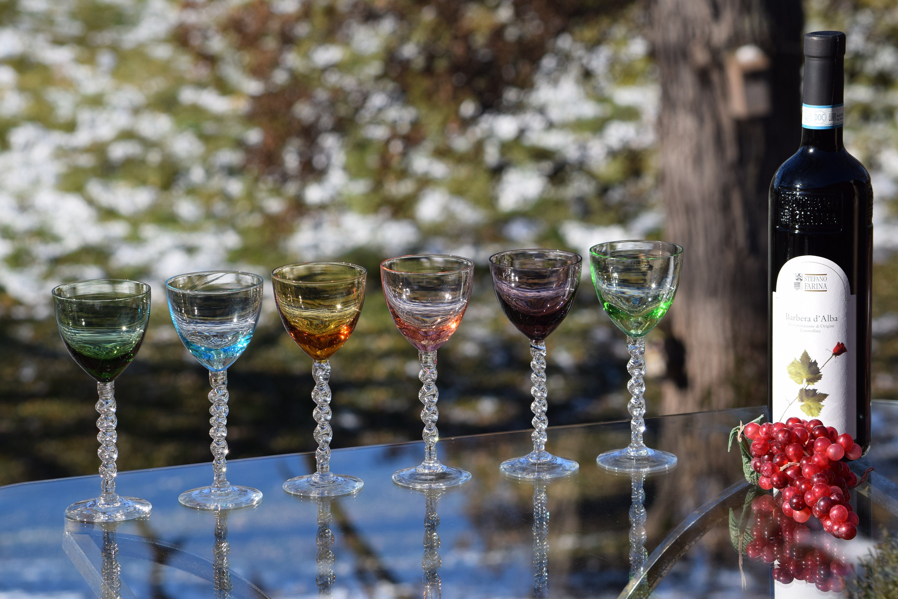 Vintage Multi Colored Clear Twisted Stem Wine Glasses Set of 4, 4