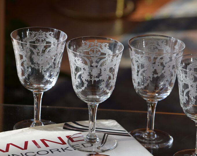 6 Vintage Etched Wine Glasses ~Water Goblets, Morgantown, Virginia,  circa 1940's Vintage Wedding, 8 oz Antique  Etched Wine Glasses