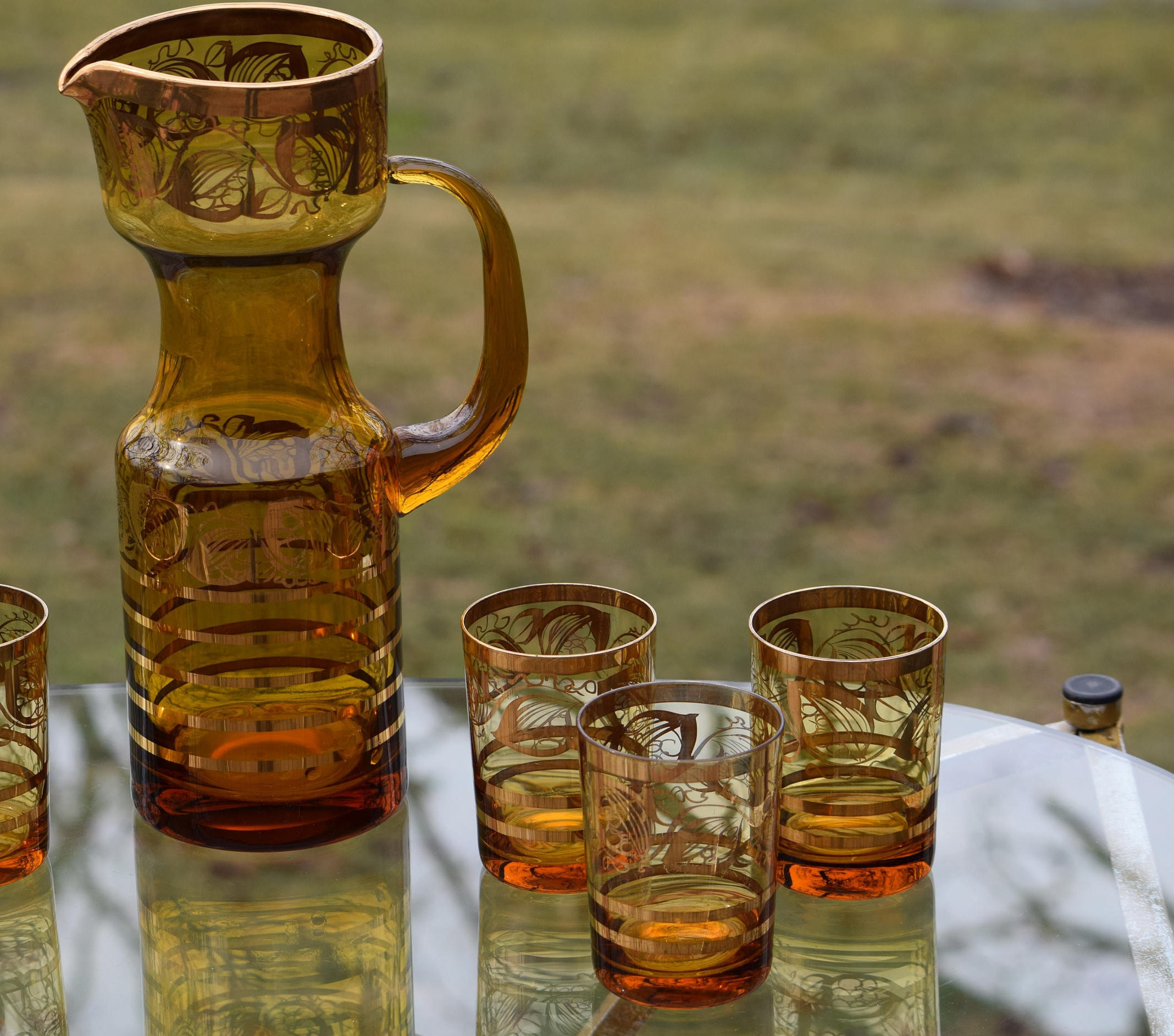 Vintage Cocktail Pitcher with glasses, 1950's Amber Glass Polished
