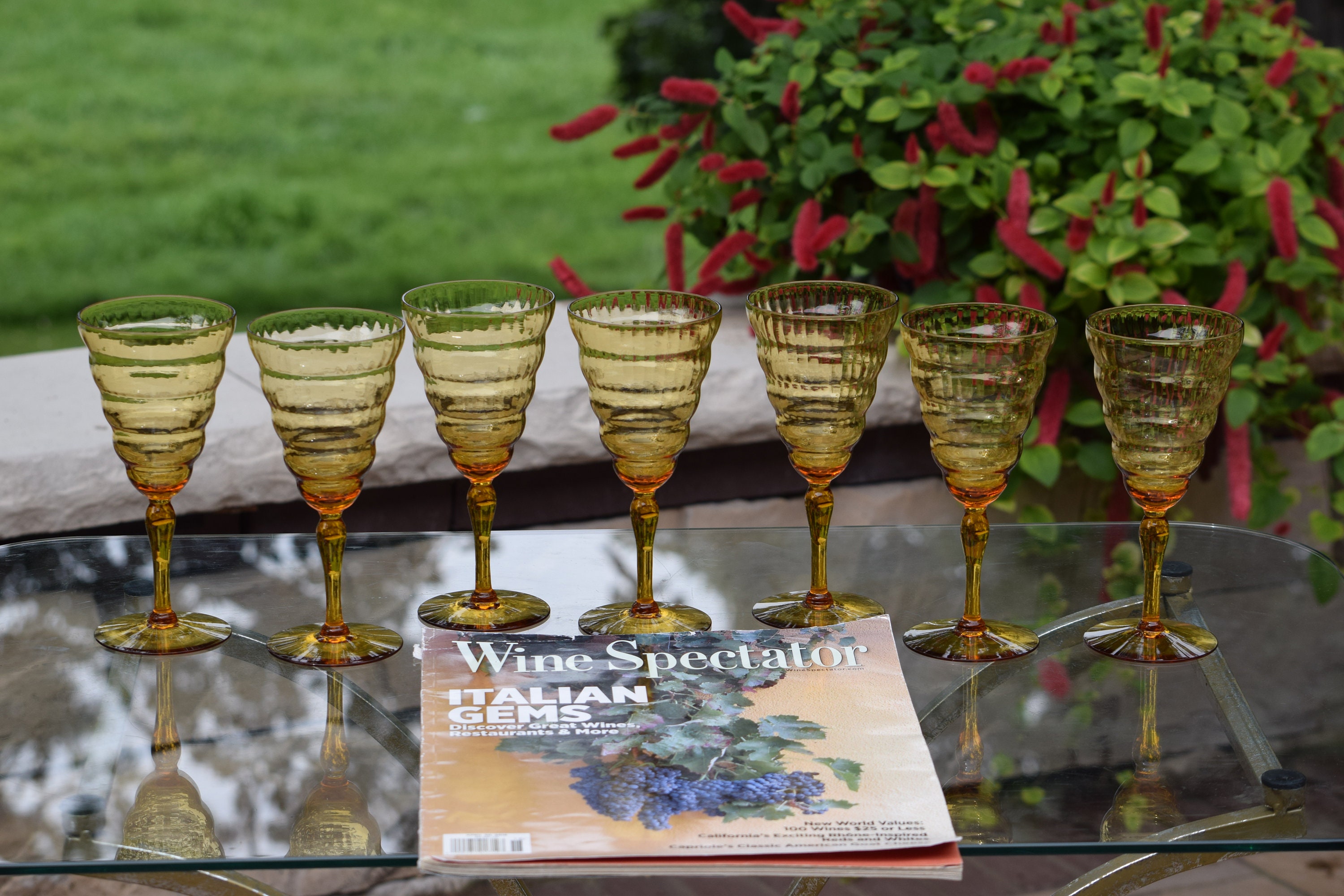 7 Vintage Amber Wine Glasses, Utility Glass Cambridge Amber c 1929