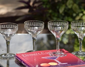 Vintage Needle Etched Cordial Glasses, Set of 5, 1920s Dessert Wine Glasses