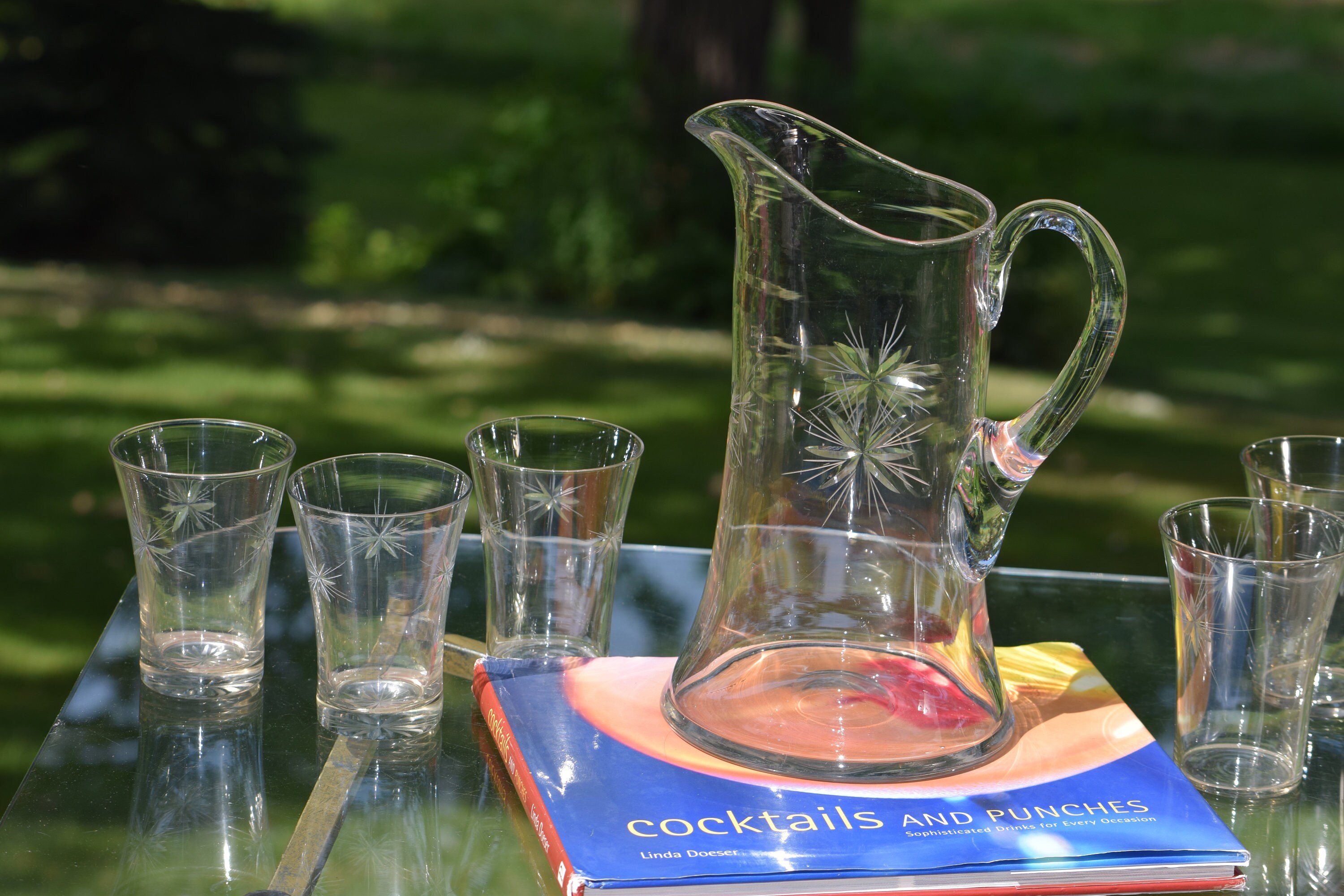 6 Vintage Etched Cocktail ~ Wine Glasses with Pitcher, Fostoria