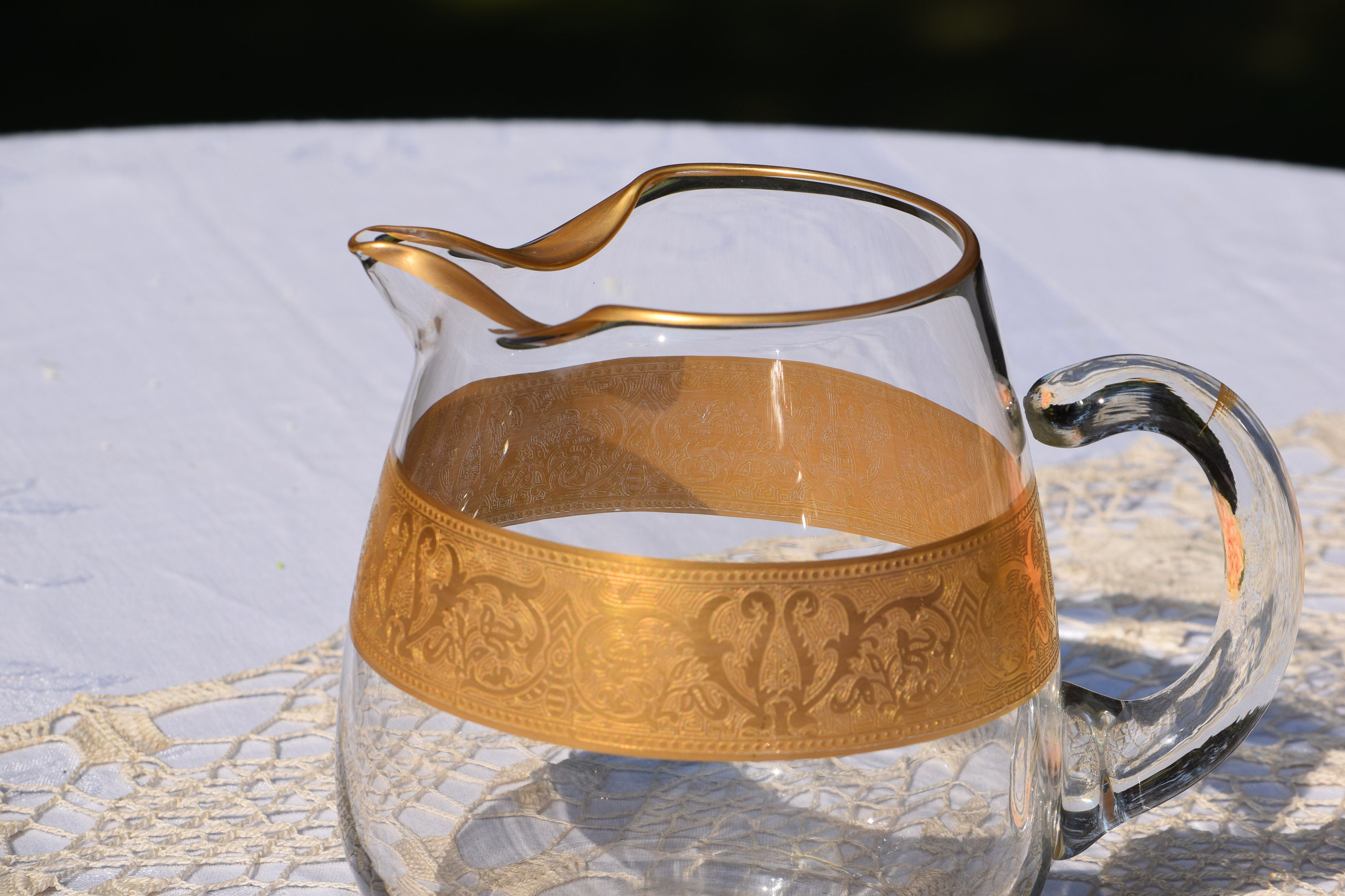 Vintage Gold Encrusted Etched Cocktail Pitcher, Glastonbury Lotus