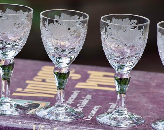 Vintage Etched Crystal Port Wine Glasses, Set of 4, 1980s Floral Etched Cordials, Royal Brierley