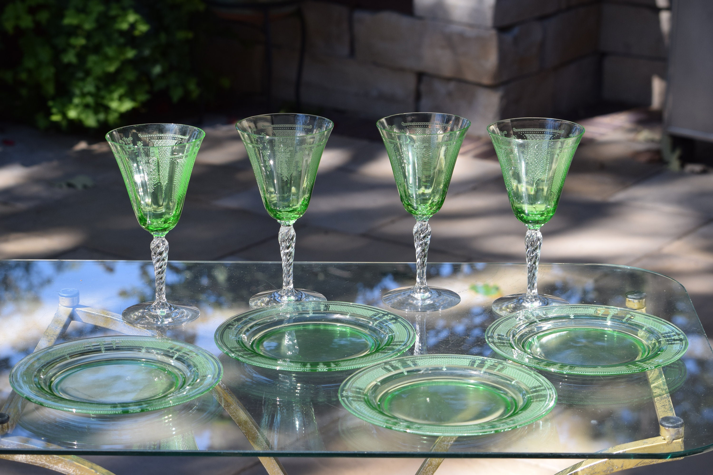 4 Vintage Green Etched Wine Glasses Water Goblets, Fostoria Beverly