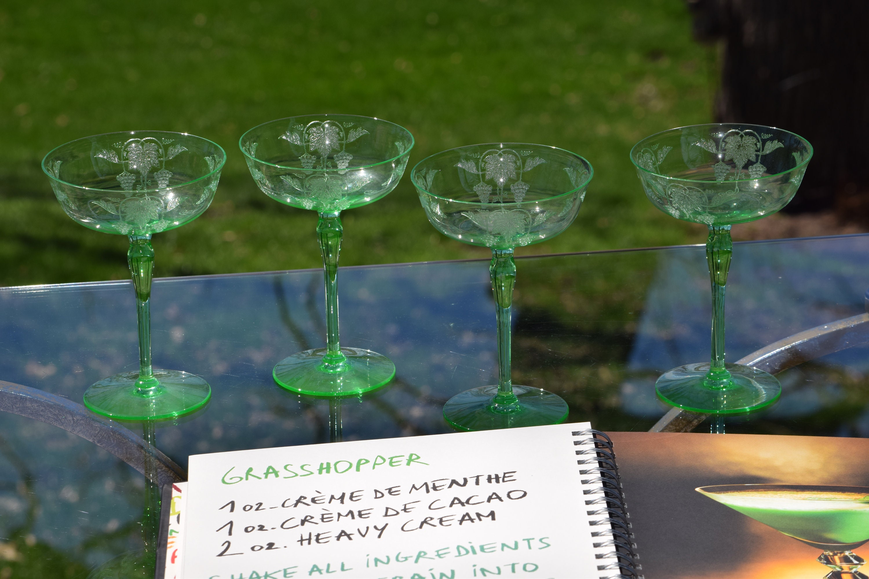 Vintage Needle Etched Green VASELINE Glass Cocktail Martini