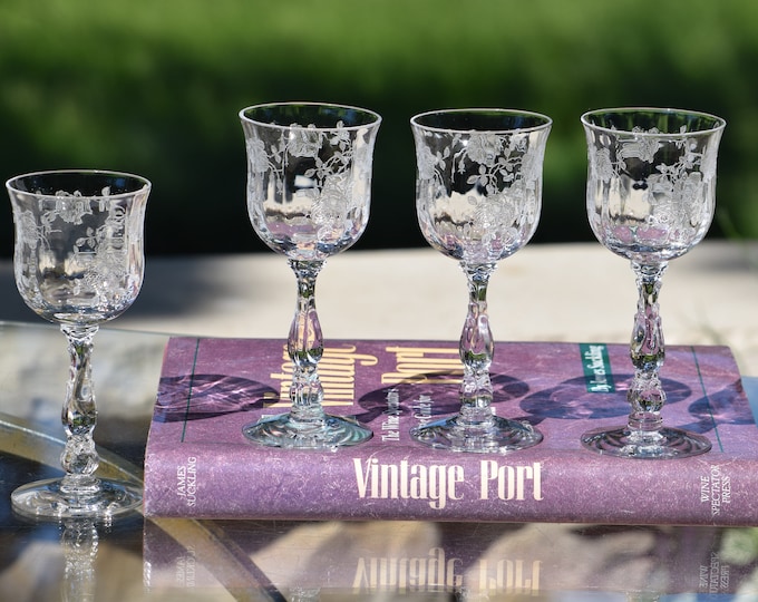 DESSERT WINES? 4 Vintage Etched Port Wine Glasses, Fostoria, Willowmere, 1938-1970, 3 oz Port ~ After Dinner Drink Liqueur Wine Glasses
