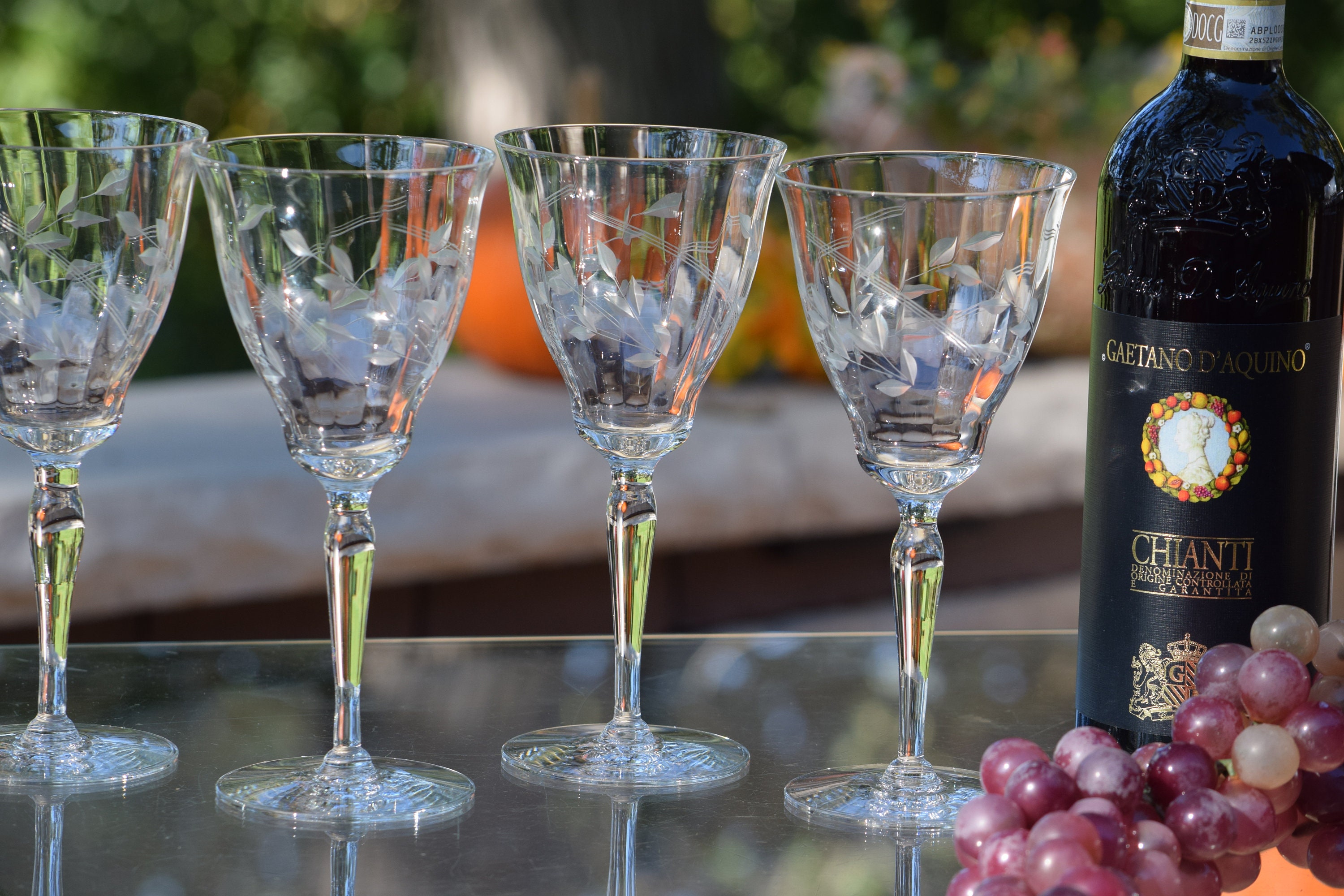 6 Vintage Etched Wine Glasses ~ Water Goblets, 8 oz Wine glasses