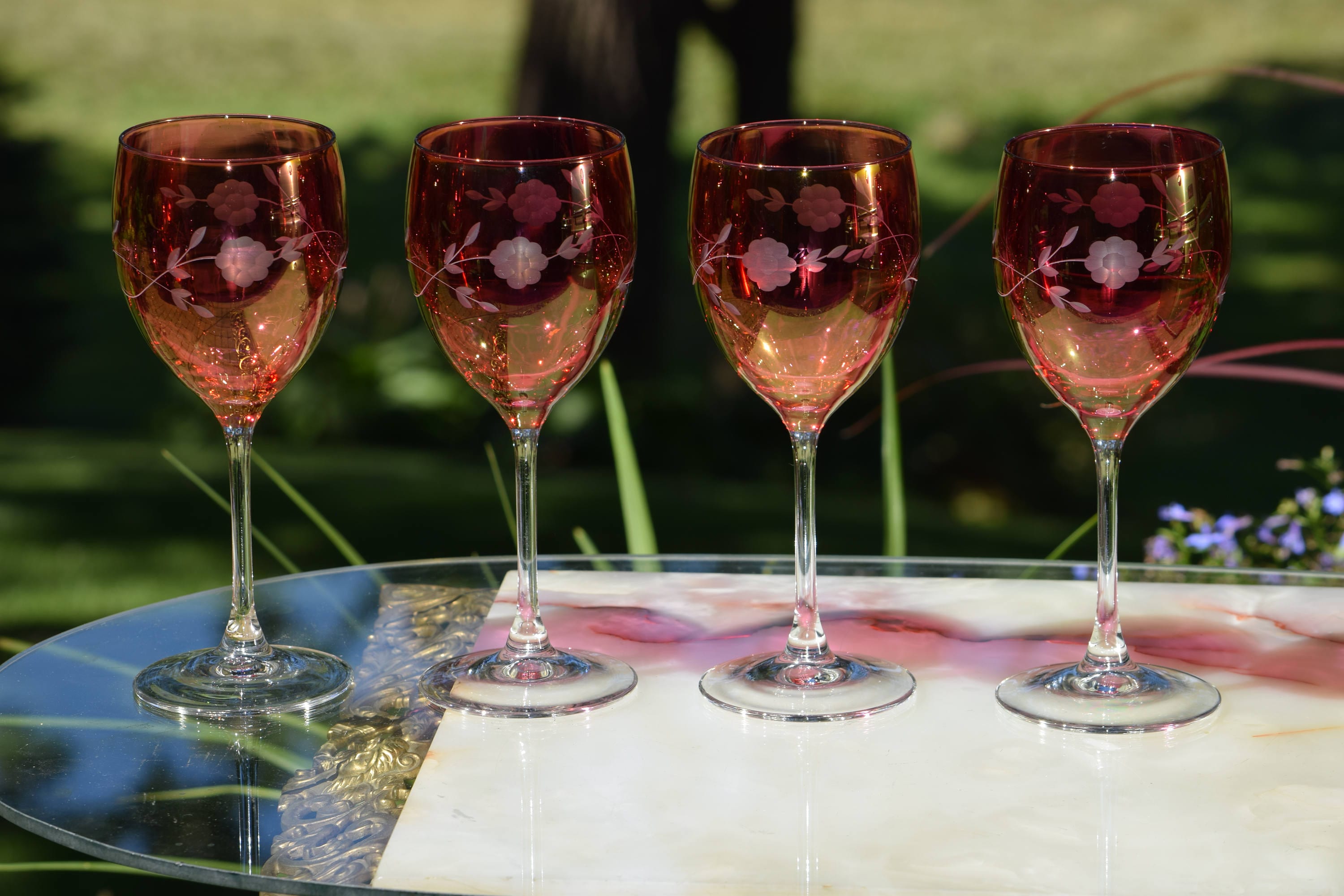 Vintage Red Wine Glasses, Set of 4, Vintage Red Etched Wine