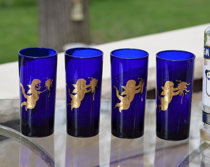 Vintage Culver Highball Glasses: Cobalt Blue, 22k Gold Angels, Set of 4, Celestial Horoscope Barware