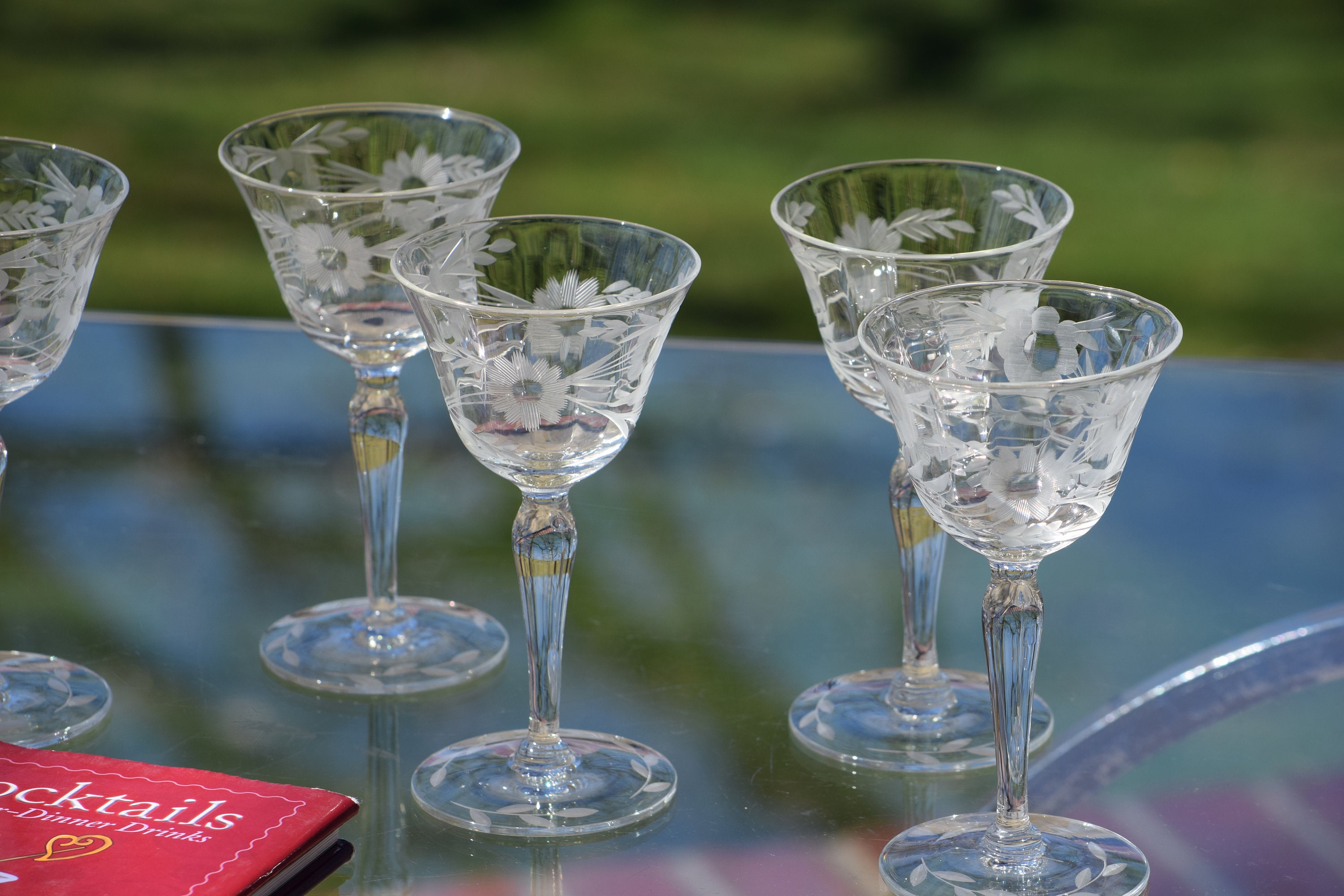 Vintage Etched Crystal Martini Glasses, Cordial Glasses, and Wine