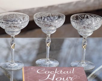 Vintage Etched Cocktail Glasses ~ 1950's ~ Martini ~ Margarita Glasses, Set of 5