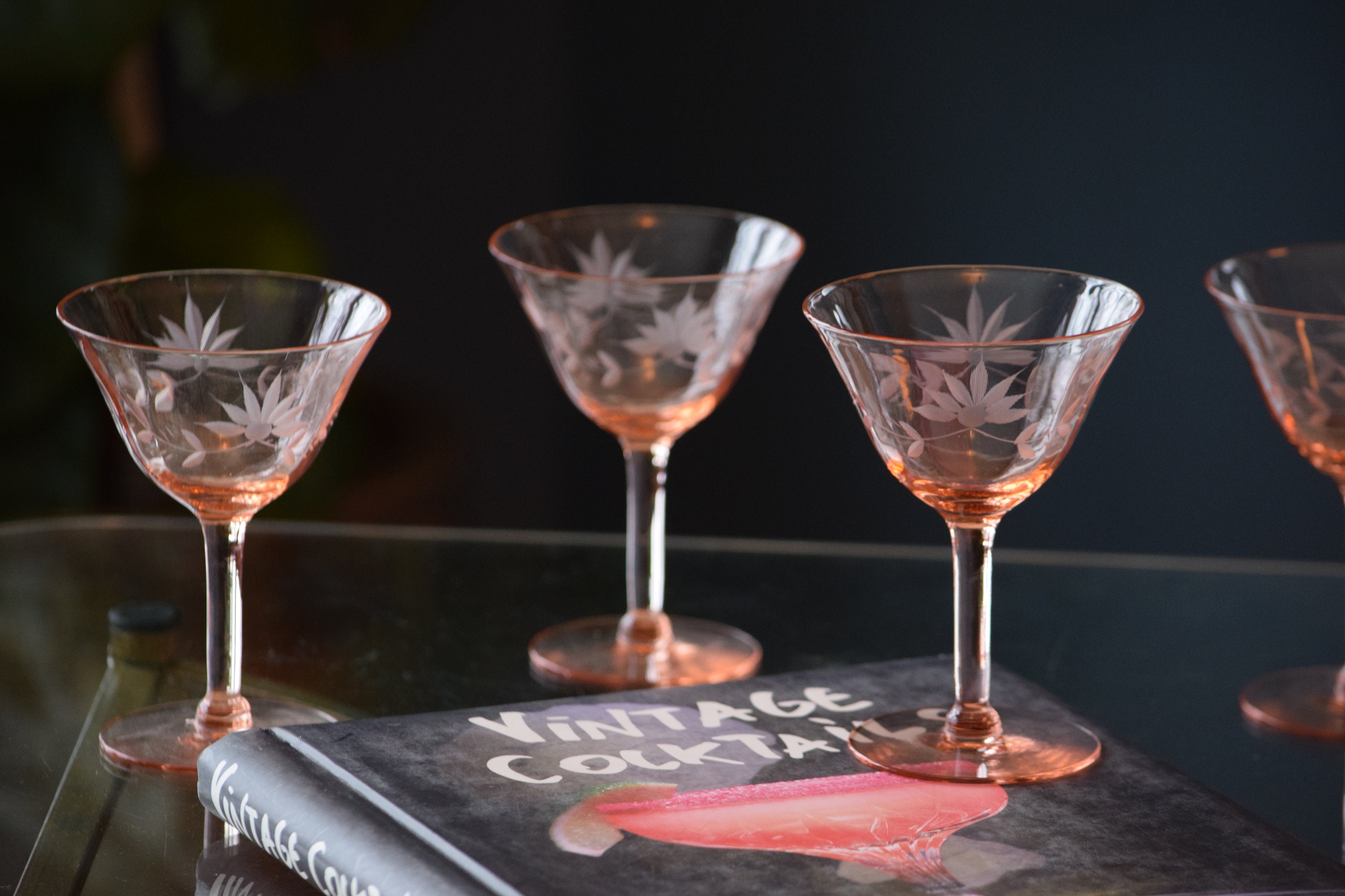 Vintage PINK Etched Cocktail Martini Glasses, Set of 4, Mixologist