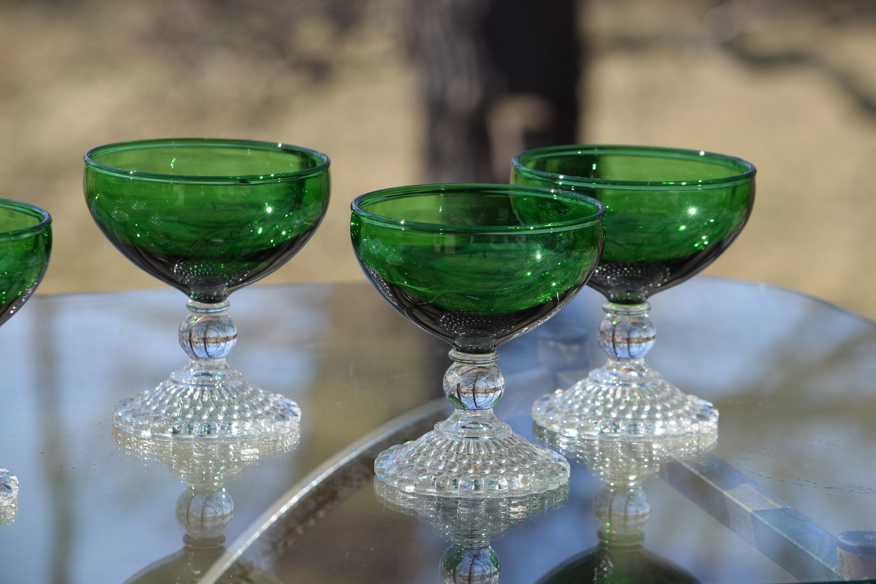 4 Vintage Green Cocktail Glasses with clear stem, 1950's, Vintage