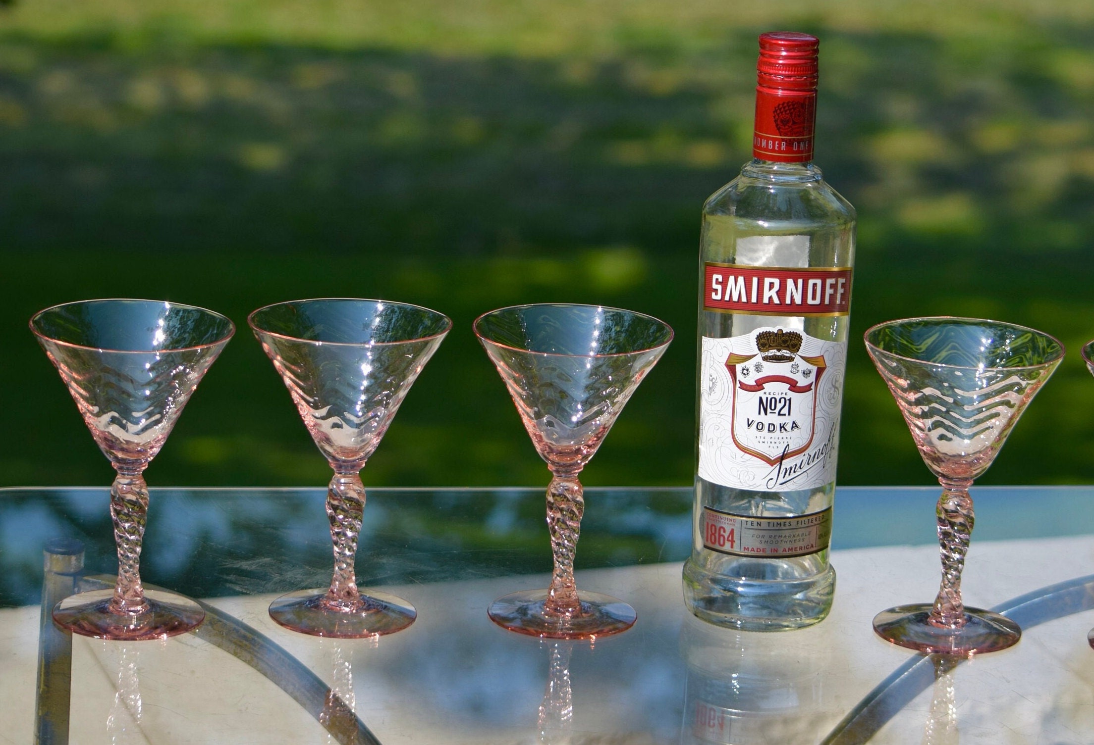 4 Vintage Pink Festoon Optic Cocktail Martini Glasses, Circa 1930's