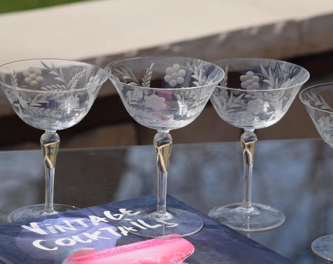 Vintage Etched Cocktail Martini Glasses, 1950s Nick and Nora, Set of 6