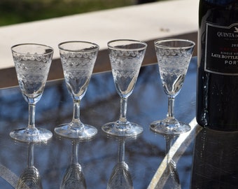 4 Vintage Etched Port Wine ~ Liqueur Glasses, circa 1920's, 2 oz Port-Dessert - Wine - Sherry glass, After Dinner Drink