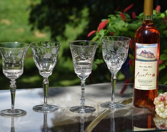 4 Vintage Etched Wine Glasses, Set of 4 Mis-Matched Etched Wine Glasses ~ Water Goblets, Wine Glass Collector, Wedding Toasting Glasses