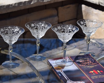 4 Vintage Etched Cocktail - Martini Glasses,  Nick and Nora Cocktails, 1950's, Vintage Etched Champagne Glasses, Manhattan Cocktail Glasses