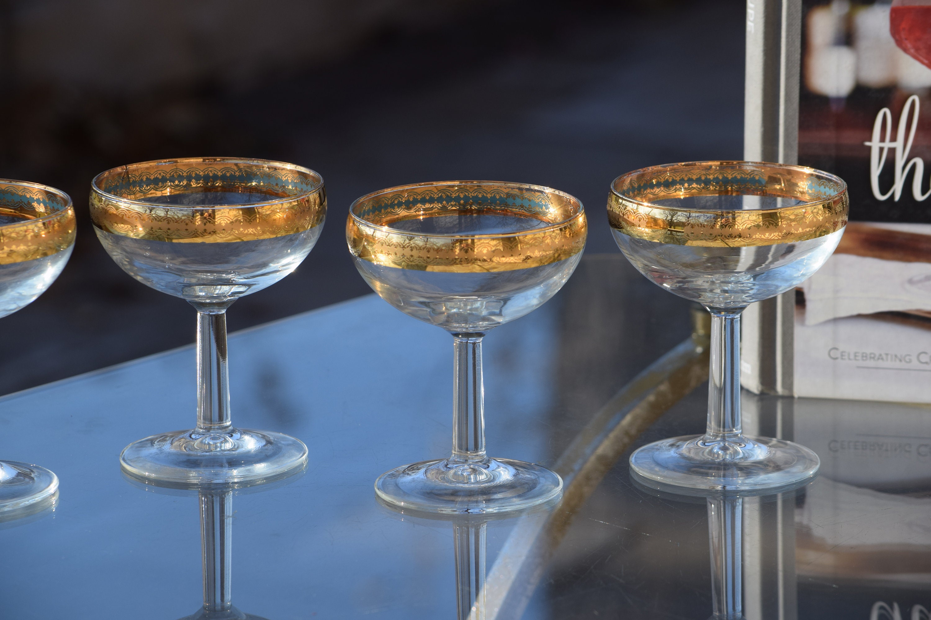 4 Vintage GOLD Rimmed Cocktail Glasses, Nick and Nora, 1950's