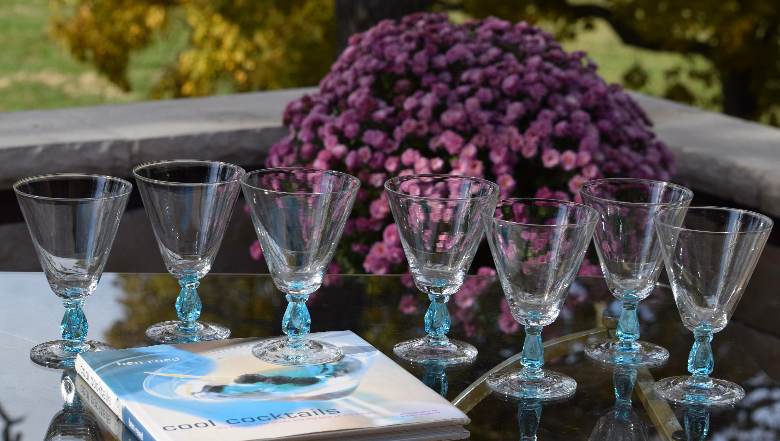 Bryce Cerulean Blue Clear Square Stem Wine Goblets, Vintage Mid