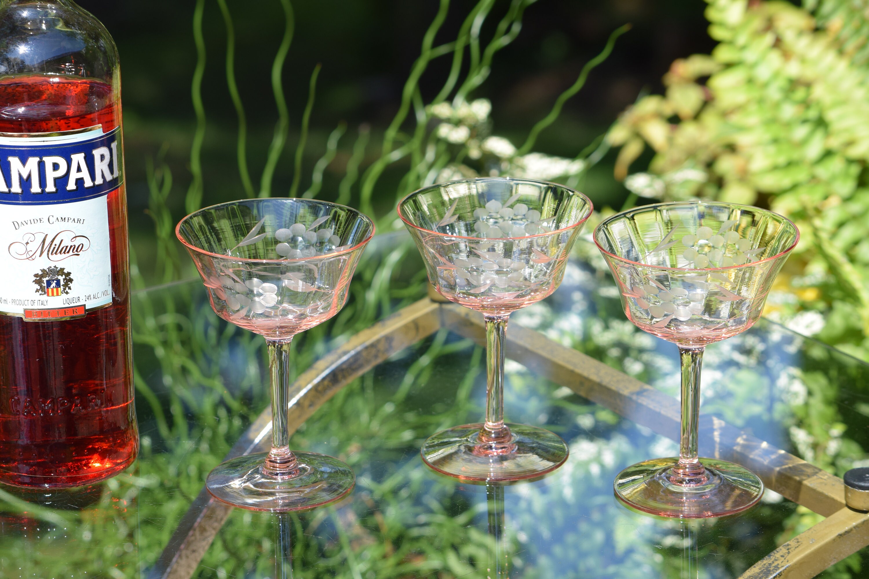 Vintage PINK Etched Cocktail Martini Glasses, Set of 4, Mixologist