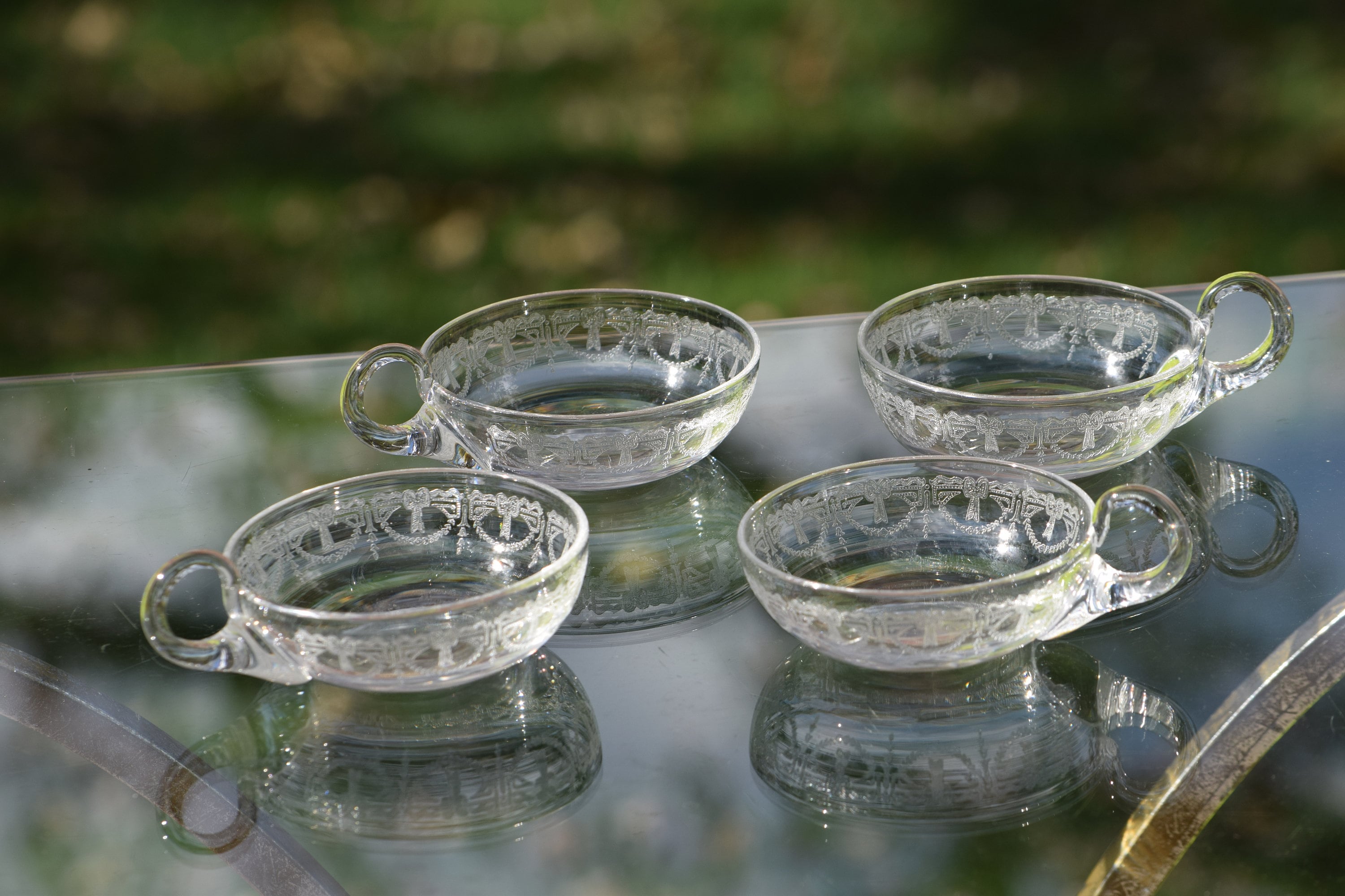 Vintage Acid Etched Glass Appetizer Ice Cream Dessert Bowls, Set of