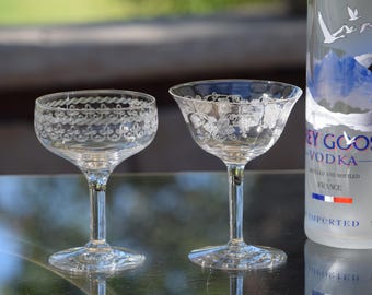 Let's Make Cocktails!!  4 Vintage Etched Cocktail ~ Martini Glasses, Set of 4 Mis-Matched - Mixed Cocktail glasses,  1920's, Nick and Nora