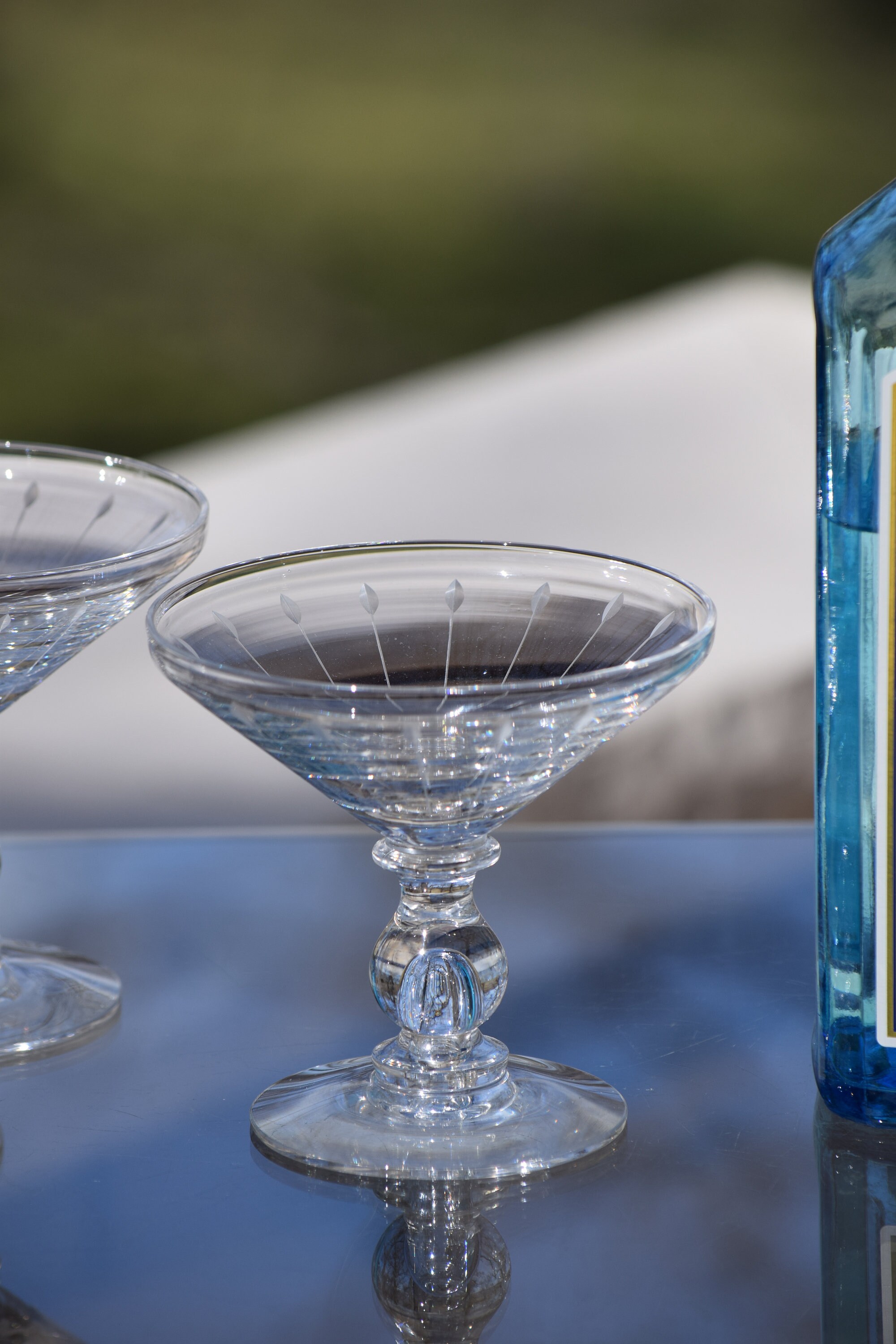 6 Vintage Etched Crystal Cocktail Glasses with Bubble Stem, 1950's