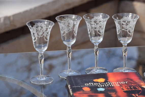 5 Vintage Etched Wine~ Liquor Glasses, 1950's, 4 oz After Dinner