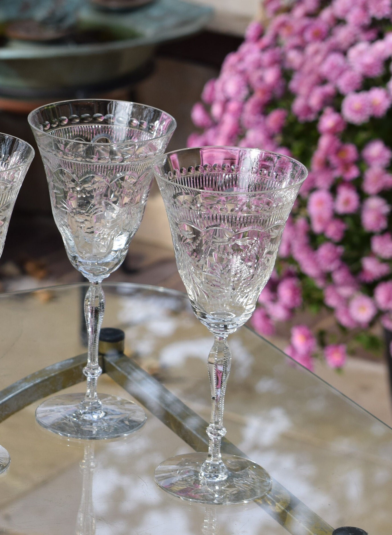 Antique Pair EAPG Fluted Wine Glasses Wine Goblets Stemware 