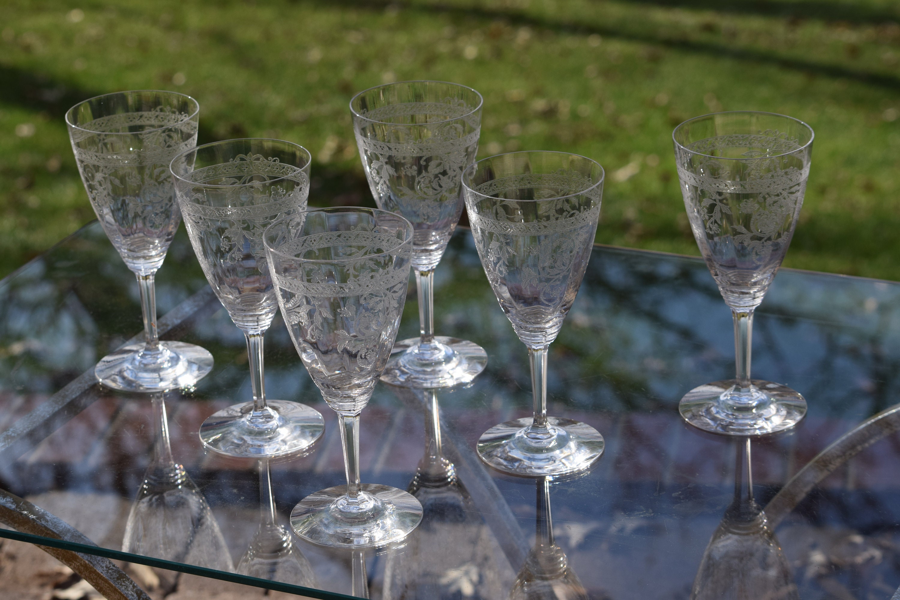 Vintage Wine Glasses. Glassware Ornate Etched Crystal Clear Tall Water