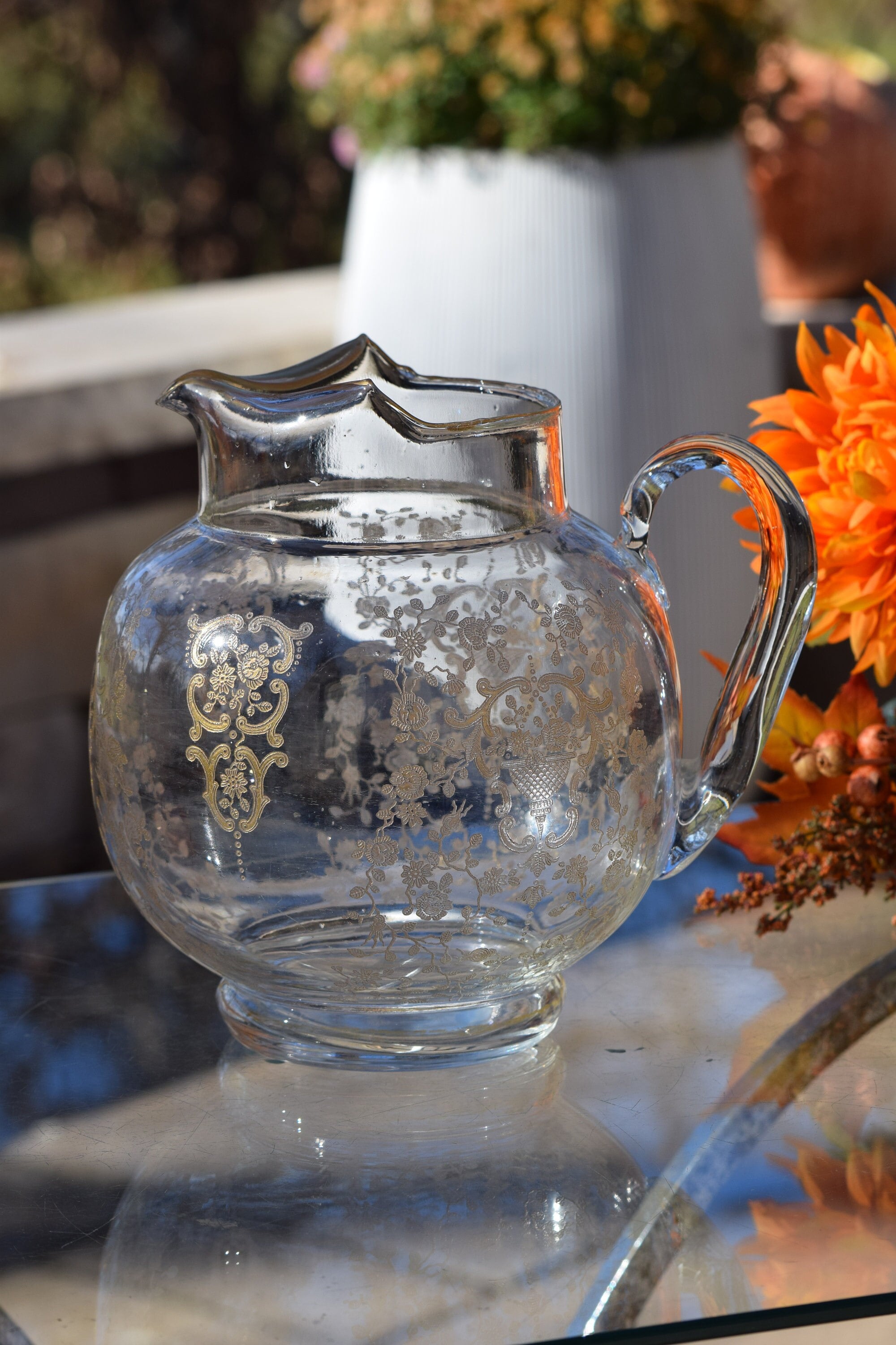 Vintage Gold Encrusted Etched Cocktail Pitcher, Glastonbury Lotus