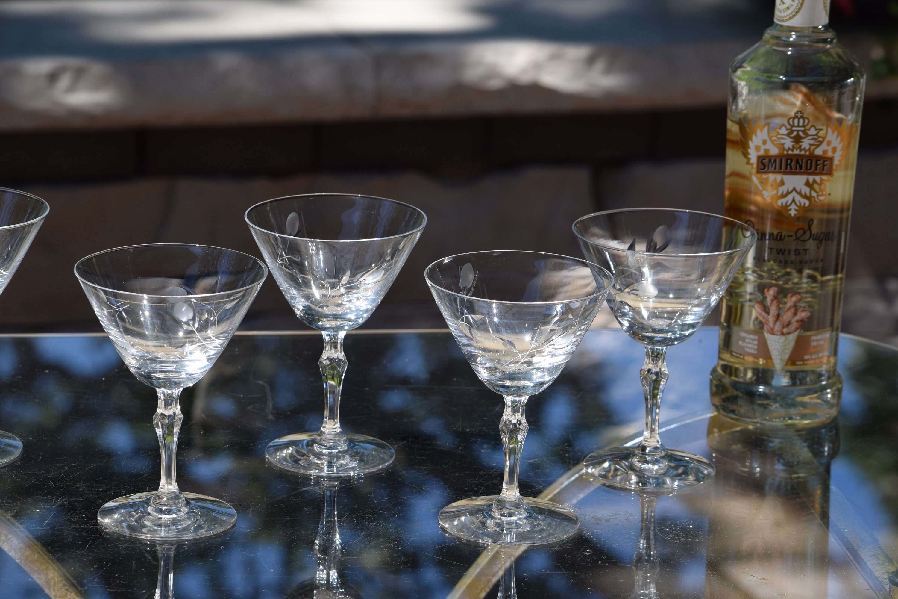 4 Vintage Etched Crystal Cocktail Glasses, Fostoria, 1960's, Nick