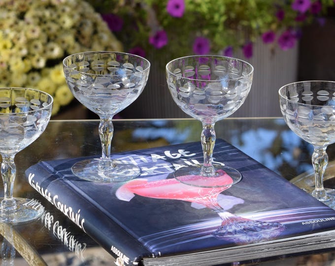 Vintage Etched Cocktail Coupes – 1950s Nick & Nora Glasses, Set of 4