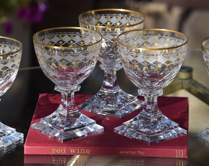 Vintage Crystal Etched Gold Wine Glasses Kosta Boda 1950's