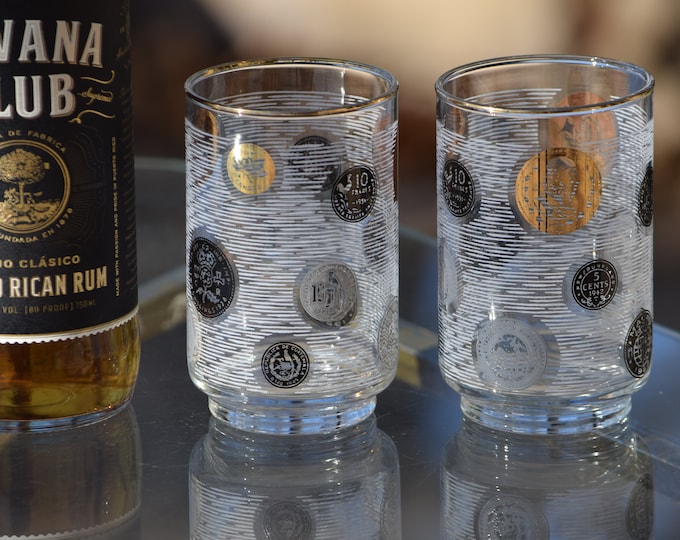 WHISKEY GIFTS! 4 Vintage Black, Gold and White Highball & Lowball Glasses, Mixed Libbey Barware, Whiskey, Bourbon, Scotch glasses,