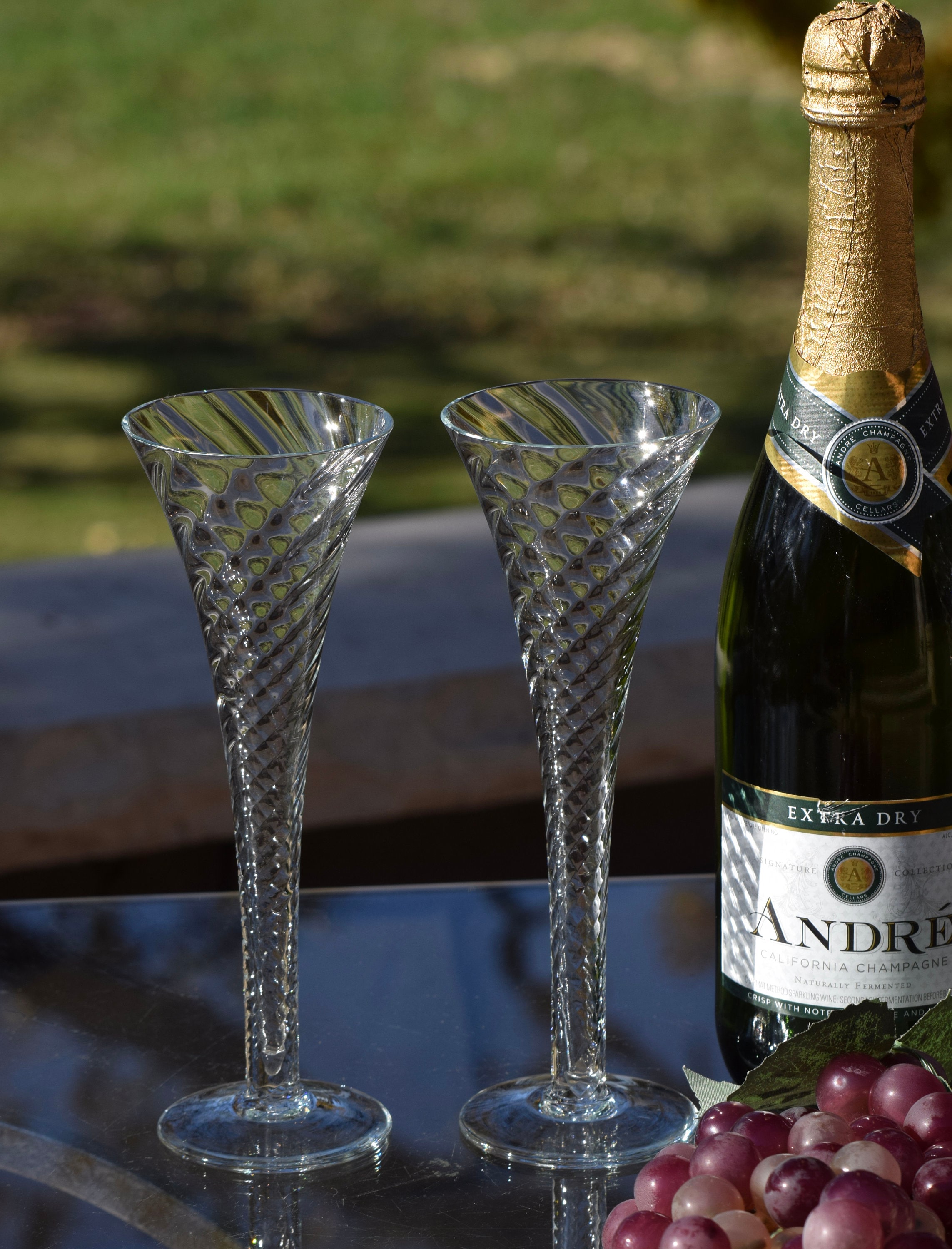 4 Vintage Tall Trumpet Fluted Champagne Glasses, Wedding Toasting