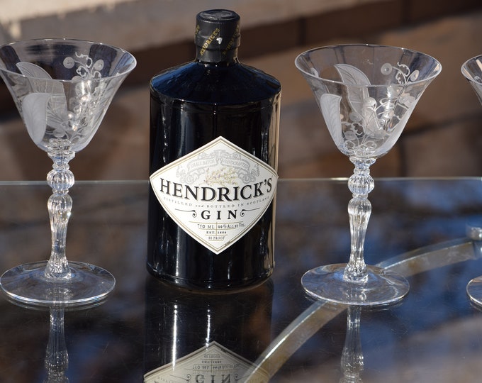 Vintage Etched Crystal Cocktail Glasses - Cambridge Martini Glasses, 1950s, Set of 4