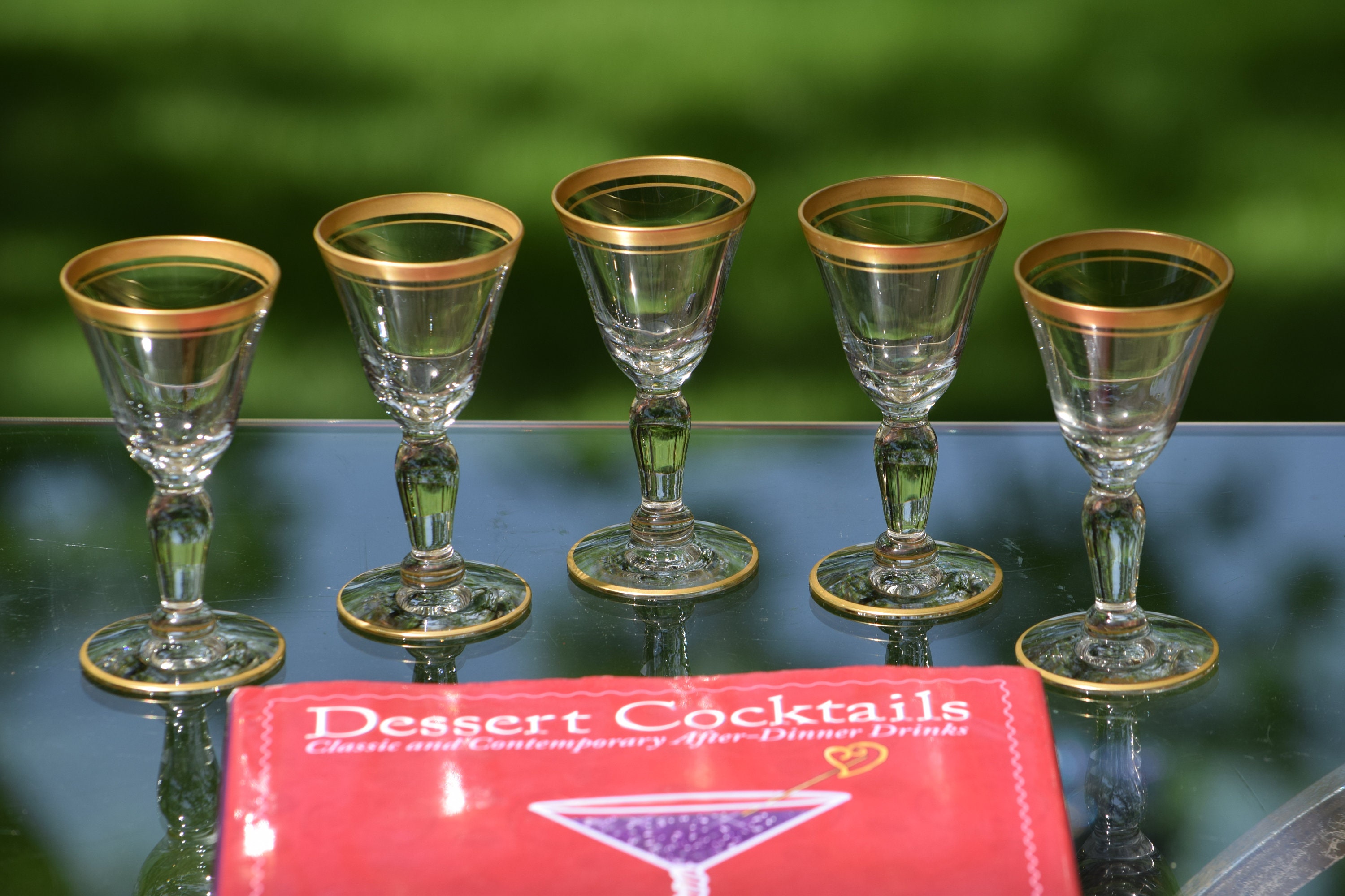 Vintage Gold Rimmed Wine Cordials Glasses, Set of 5, Liquor Port