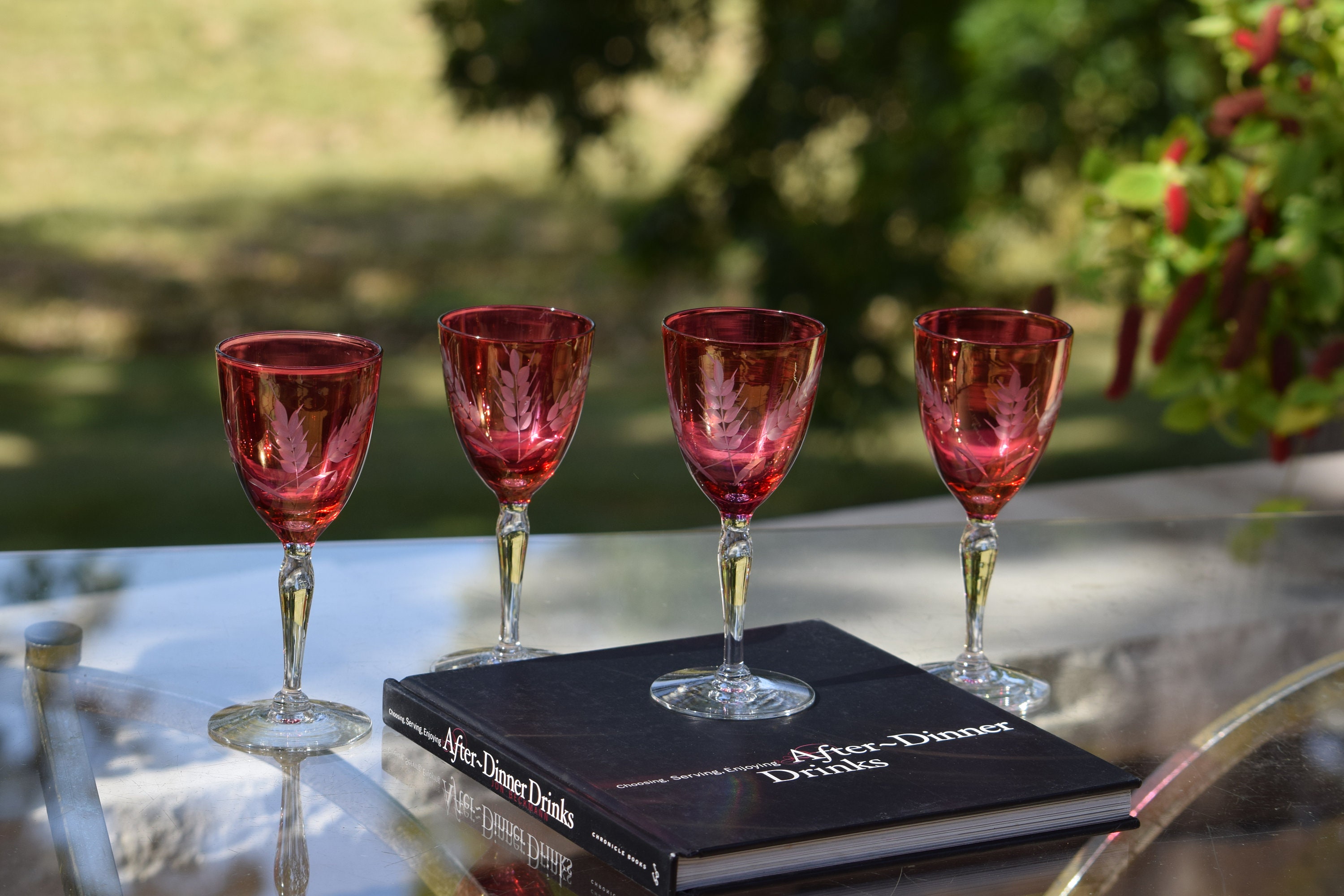 4 Vintage Etched Ruby Red Liqueur Wine Glasses, Circa 1950, After