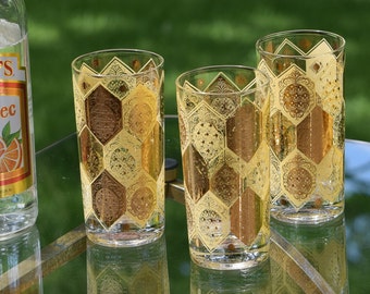 Vintage Cera Highball Glasses, 22K Gold Pineapple Design, MCM Barware Set