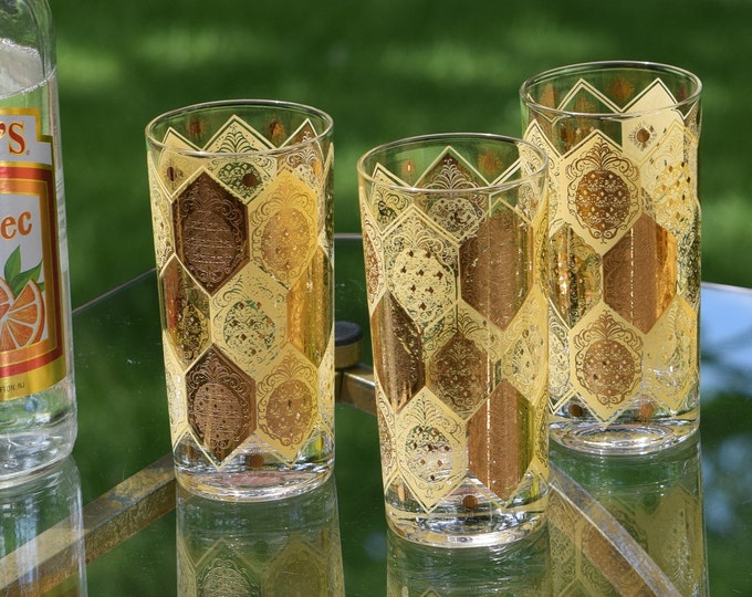 Vintage Cera Highball Glasses, 22K Gold Pineapple Design, MCM Barware Set