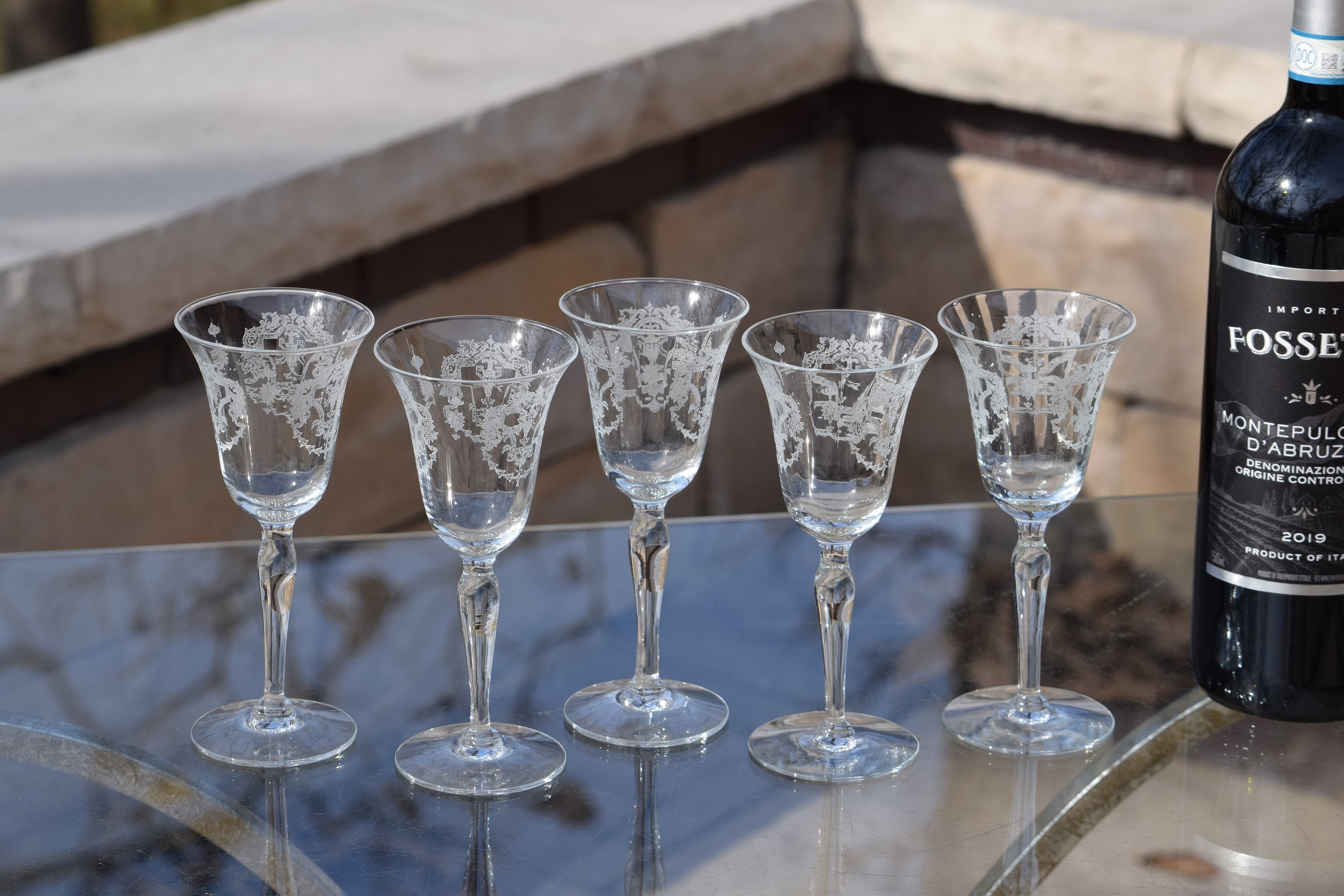 5 Vintage Etched Port Wine Glasses Liquor Glasses, 3 oz After Dinner