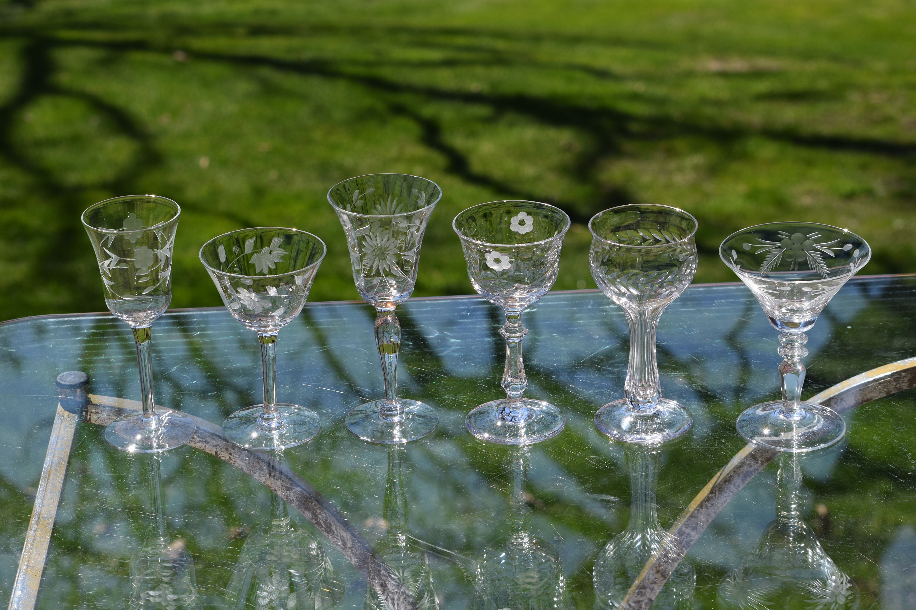 Vintage Etched Wine Liquor Glasses, Set of 6, MisMatched 3 oz Port