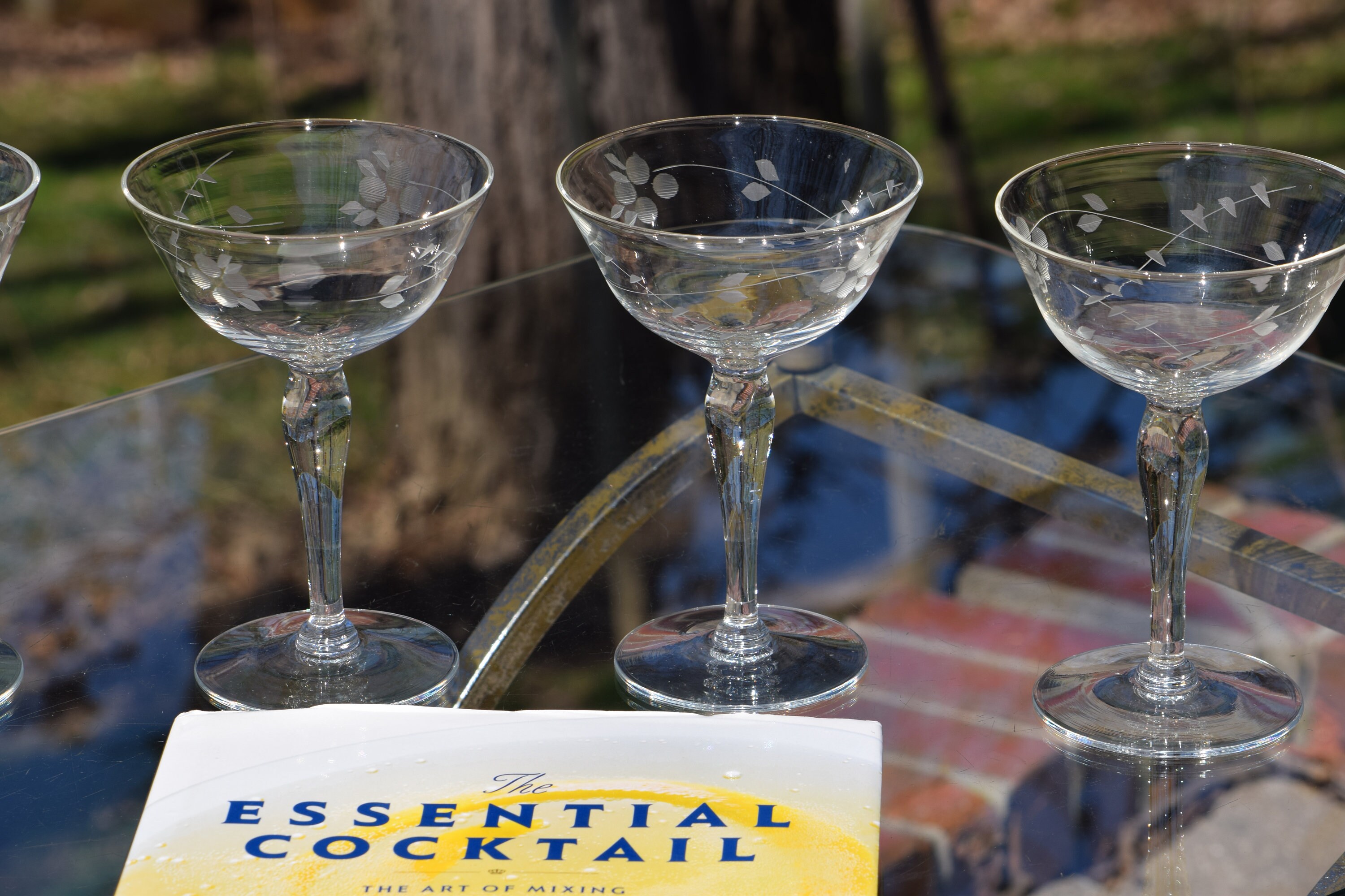Vintage Etched Tall Cocktail Martini Glasses, Set of 4, 1950's, Vintage