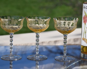 5 Vintage Etched Yellow Cocktail ~ Martini Glasses, Tiffin Franciscan, LeFleure, 1930's, Nick and Nora Coupes, Champagne Coupes