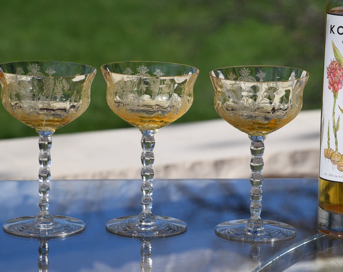 5 Vintage Etched Yellow Cocktail ~ Martini Glasses, Tiffin Franciscan, LeFleure, 1930's, Nick and Nora Coupes, Champagne Coupes