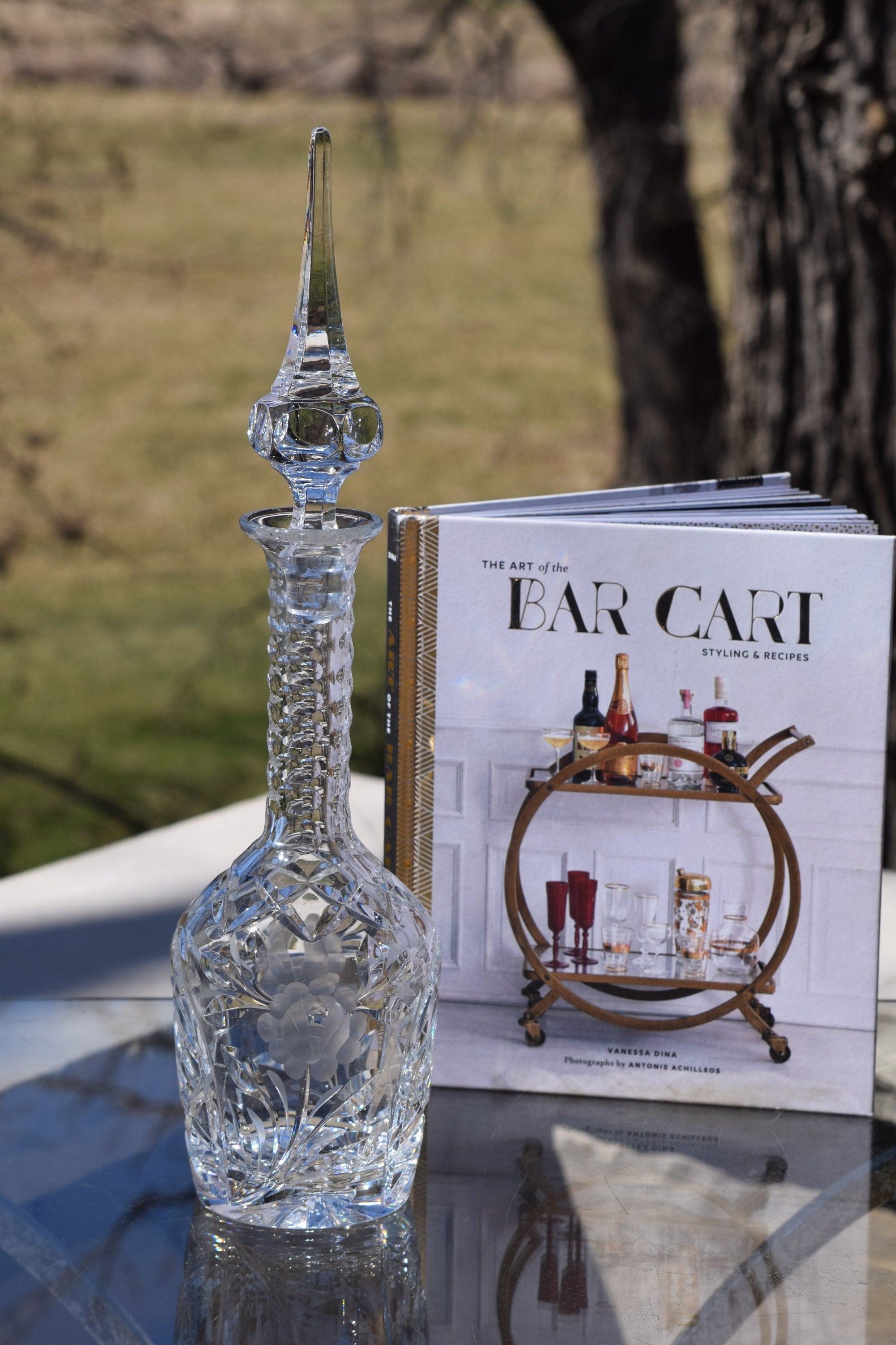 Vintage Floral Etched & Cut Wine Liqueur Decanter, 1950's, Bar Cart